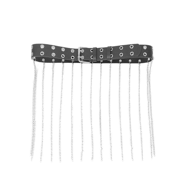 Ceinture en cuir PU avec pompon en chaîne métallique et anneau en O creux