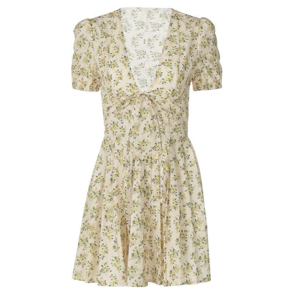 Mini-robe plissée à manches courtes bouffantes et à imprimé fleuri avec fermeture éclair 