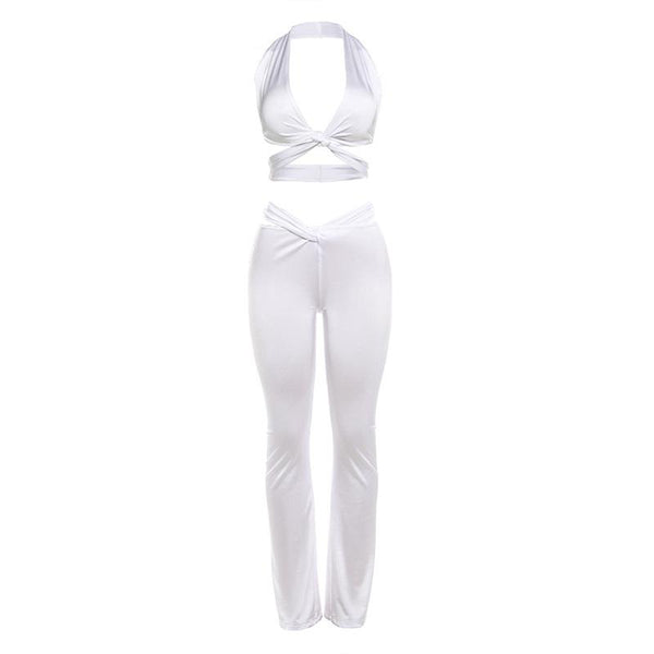 Ensemble pantalon licou à col en V croisé devant dos nu et ajouré 