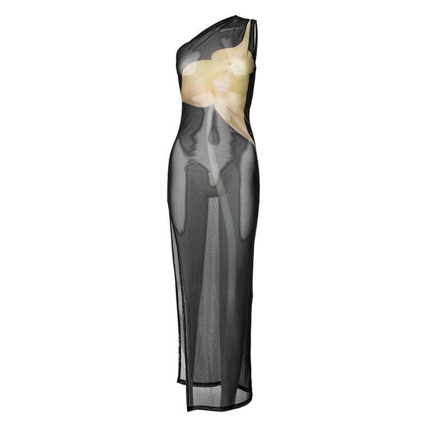 Robe longue asymétrique à fente haute et imprimé en maille transparente | robe samba 