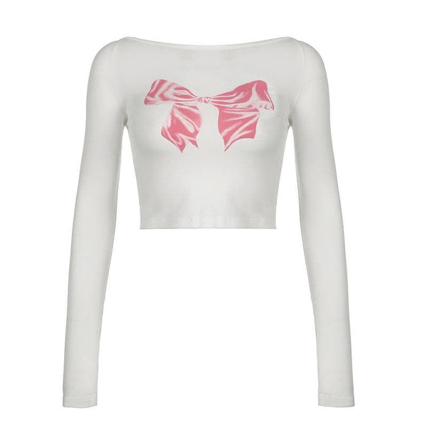 Long sleeve bowknot pattern contrast crop top