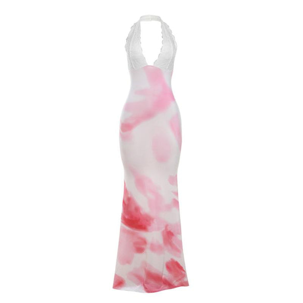 Robe longue en dentelle à col en V profond et tie-dye | Robe tango rouge 