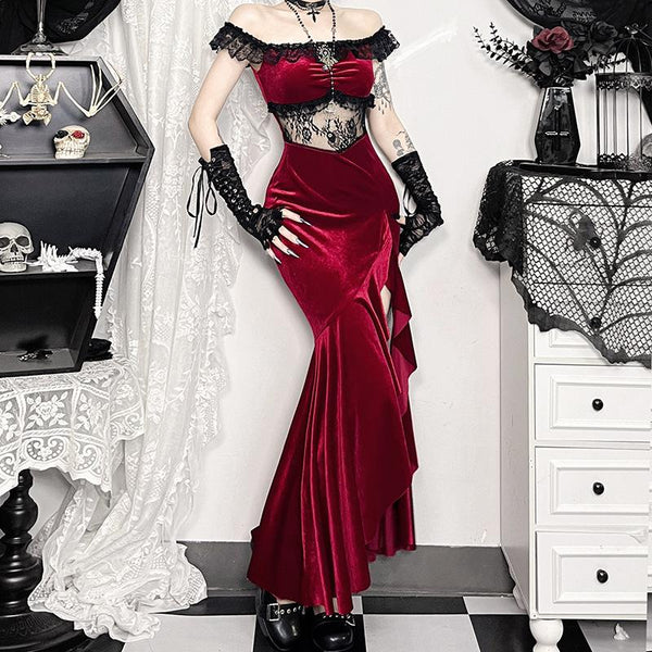 Robe longue froncée en velours avec ourlet en dentelle et fente en métal | robe de tango rouge 