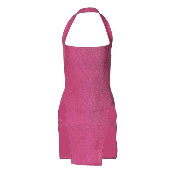Robe mini dos nu pailletée à col licou et anneau en O | Robe tango rouge 