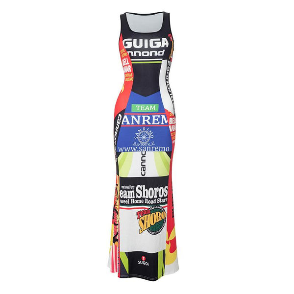 Robe longue sans manches à col en U et imprimé contrasté 