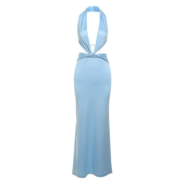 Robe longue dos nu froncée à col en V profond 