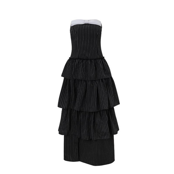 Robe longue tube à volants et nœud papillon, rayée et fendue 