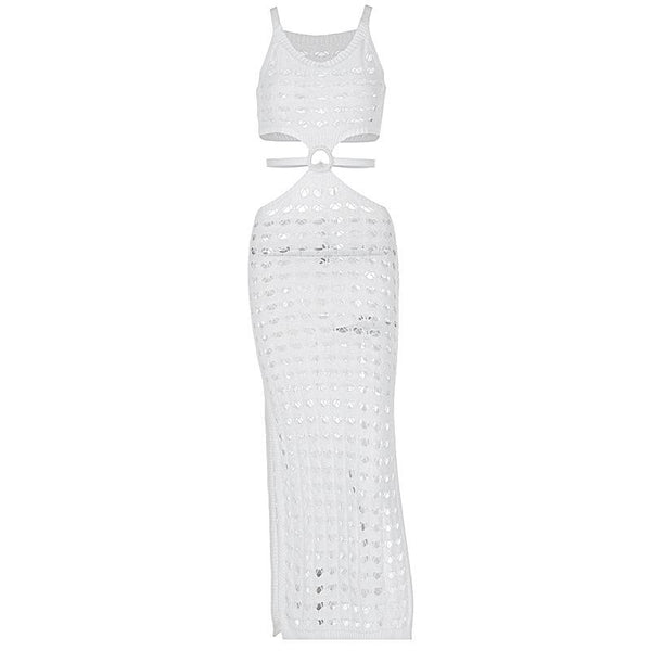 Robe midi transparente en tricot à col en U et anneau en O 