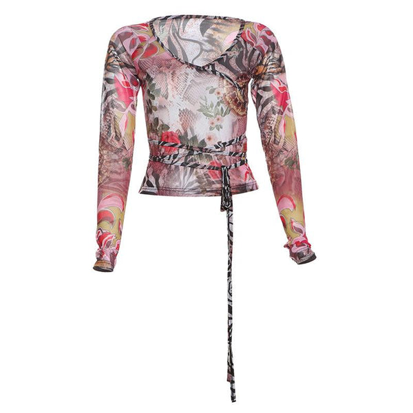 Haut à col en V, manches longues, maille transparente, imprimé à nouer soi-même 