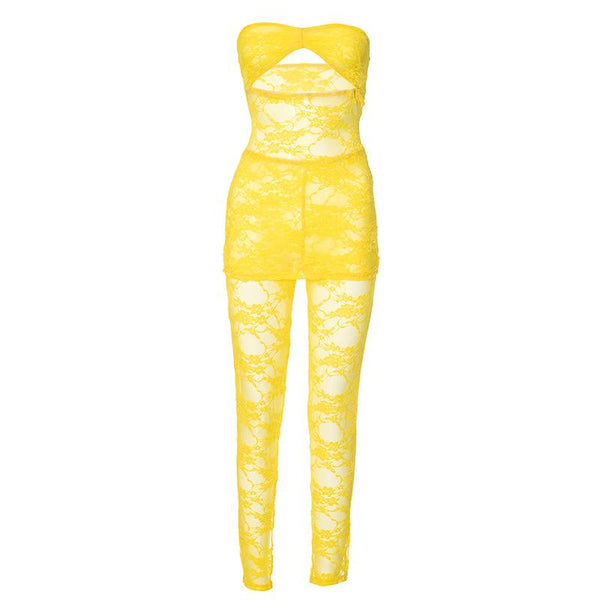 Ensemble pantalon tube transparent en dentelle ajourée et froncée 