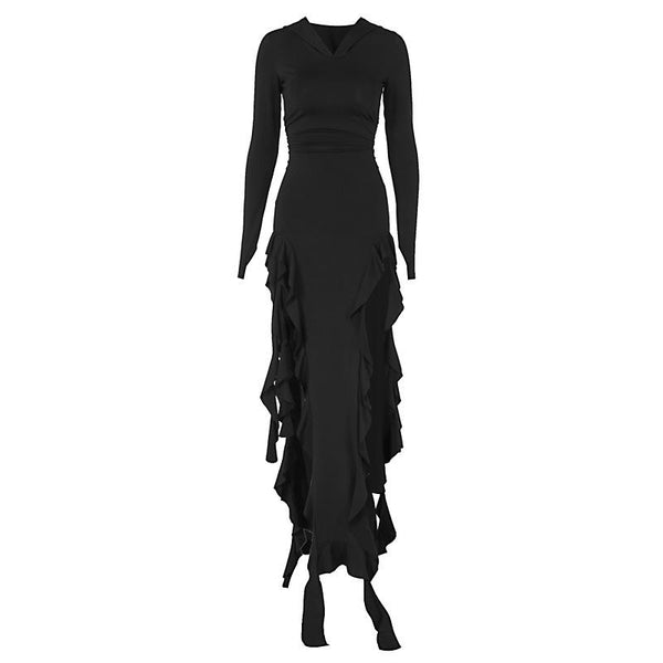 Robe longue à volants et sweat à capuche à manches longues | Robe de tango rouge 
