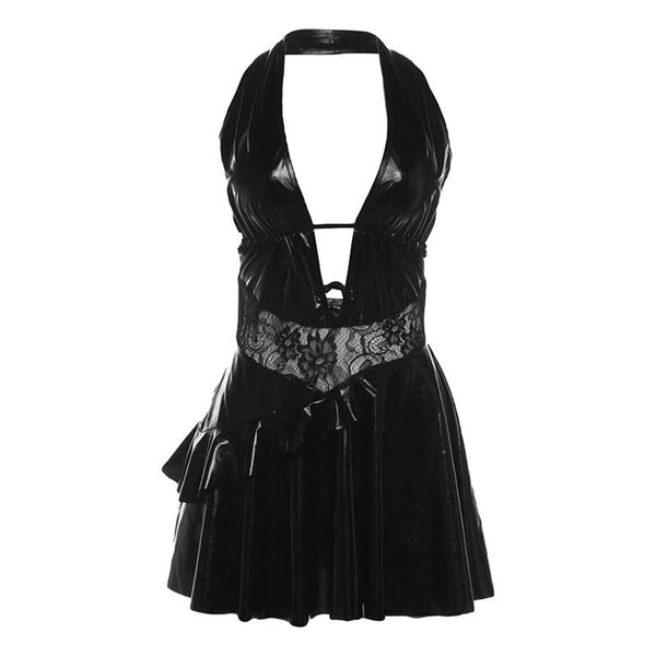 Mini-robe licou en cuir PU avec patchwork de dentelle et cordon de serrage froncé 