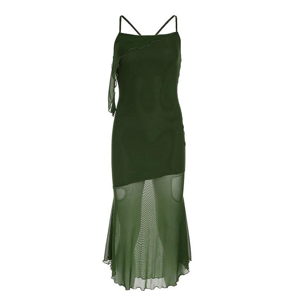 Robe midi camisole à volants irréguliers en maille et dos croisé 