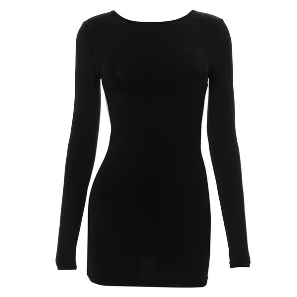Mini-robe dos nu à manches longues et col ras du cou 