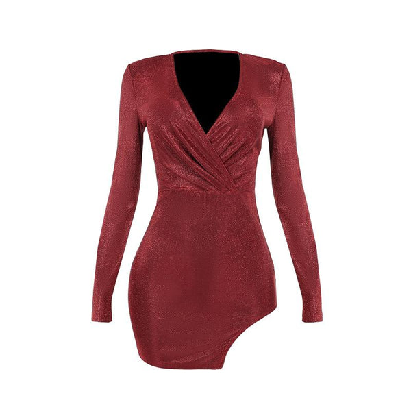 Robe courte à paillettes, col en V, manches longues, fente froncée | robe tango rouge 
