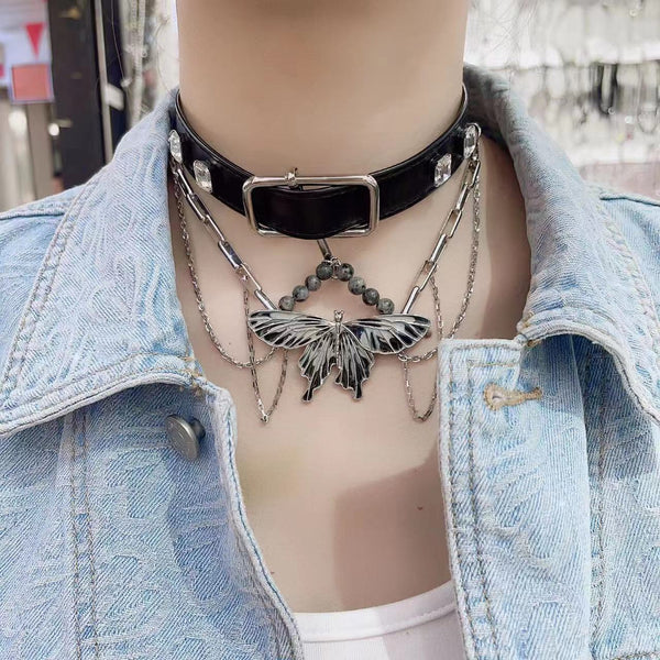 Collier ras du cou réglable en cuir PU avec perles