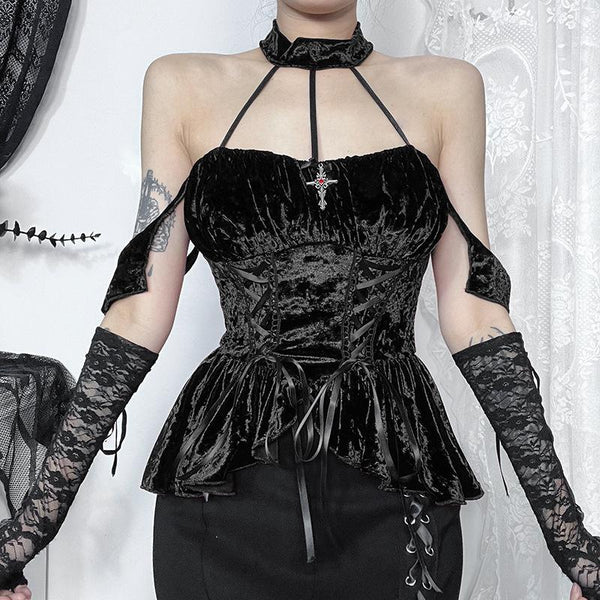 Haut licou en velours avec lacets croisés 