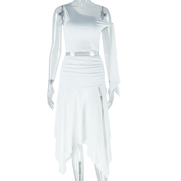 Ensemble jupe midi fendue froncée en tricot à une épaule 