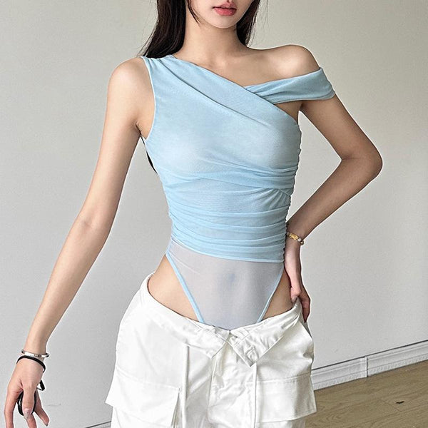 Body en maille transparente froncée à une épaule 