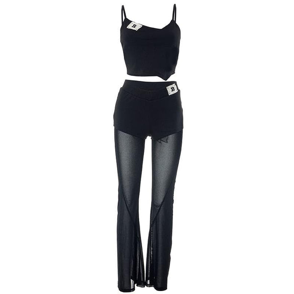 Mesh patchwork letter pattern cami pant set