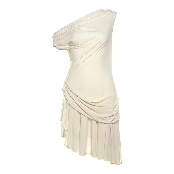 Mini-robe fendue unie à une épaule froncée 
