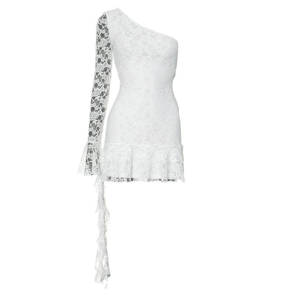 Mini-robe asymétrique à volants en dentelle et manches longues 