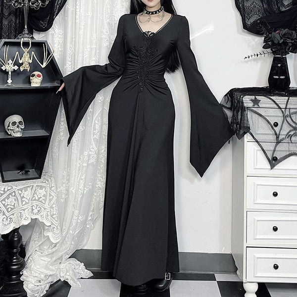 Robe longue brodée à manches longues évasées et col en V 