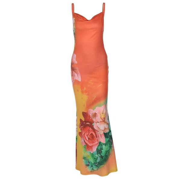 Robe longue dos nu à imprimé fleuri et col bénitier 