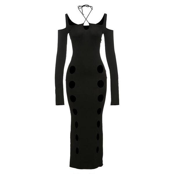 Robe longue à manches longues et col licou croisé sur le devant avec lien à nouer | Robe rave noire 