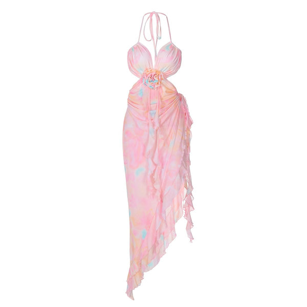 Robe longue fendue dos nu à volants et appliques florales | robe tango rouge 