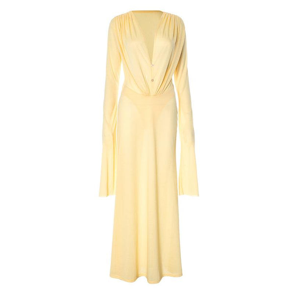 Robe longue boutonnée à manches longues et col en V 