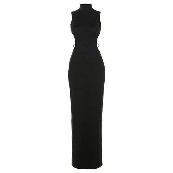 Robe longue à col montant et boutons en O à motif papillon 