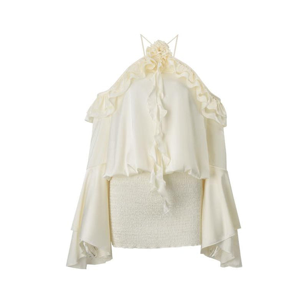 Mini-robe dos nu à manches évasées et à volants avec cordon de serrage 