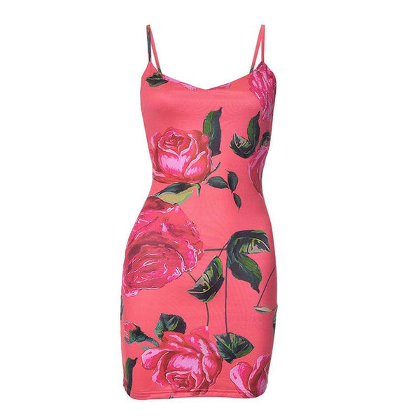 Robe courte dos nu à imprimé roses et col en V | Robe tango rouge 