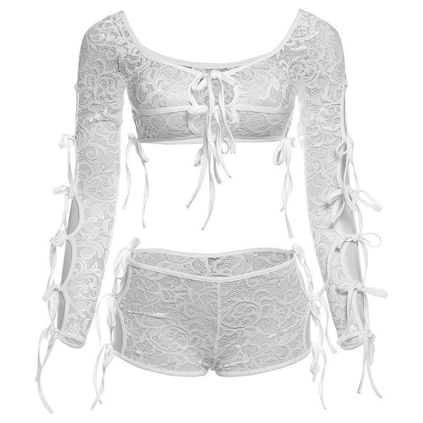 Ensemble pantalon transparent à manches longues et à nouer soi-même en dentelle 