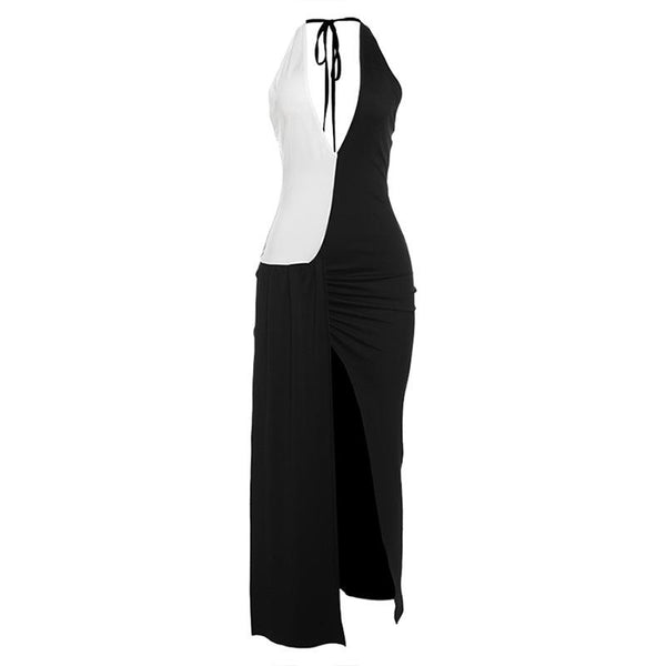 Robe midi patchwork à col en V profond et fente haute 