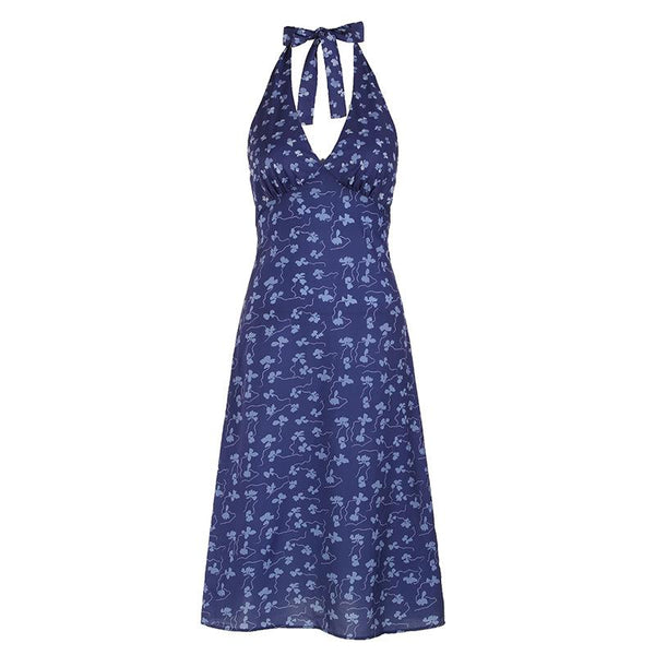 Robe midi dos nu à imprimé col en V et licou 