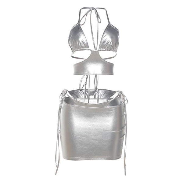 Ensemble mini-jupe 3 pièces en cuir PU métallisé ajouré à licou 