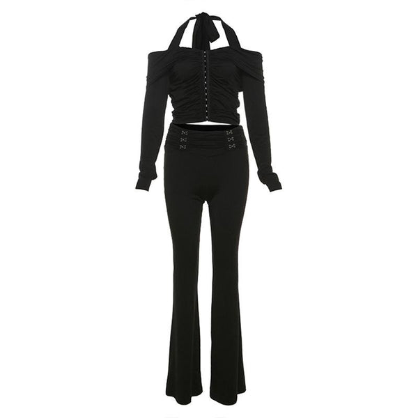 Ensemble pantalon froncé boutonné à manches longues et épaules dénudées 