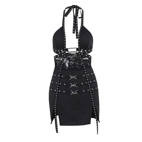 Robe mini dos nu fendue avec boucle et découpes ajourées 