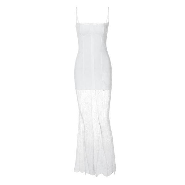 Robe longue camisole unie en dentelle patchwork 