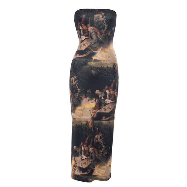 Robe midi tube contrastée à dos nu imprimée 