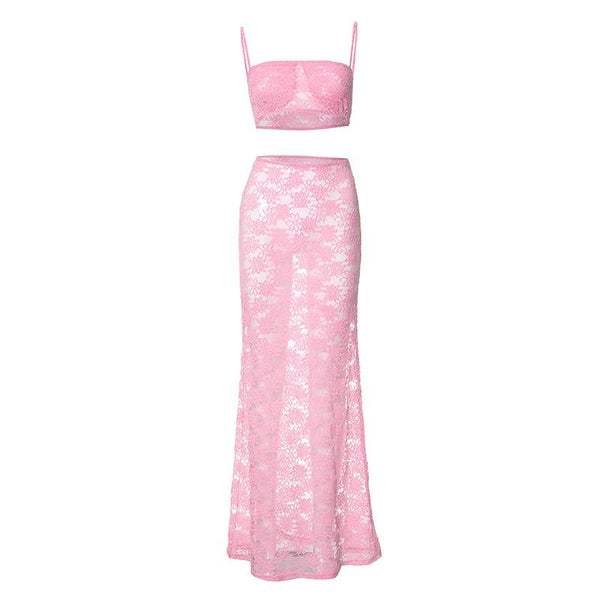 Ensemble jupe longue tube transparente en dentelle transparente 