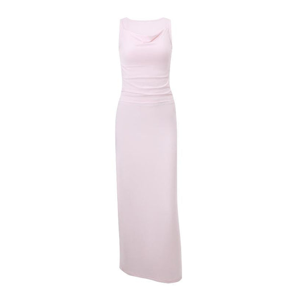 Robe longue froncée à col bénitier et à volants 