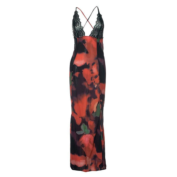 Robe longue à imprimé caraco et col en V avec ourlet en dentelle et dos nu | Robe de tango rouge 