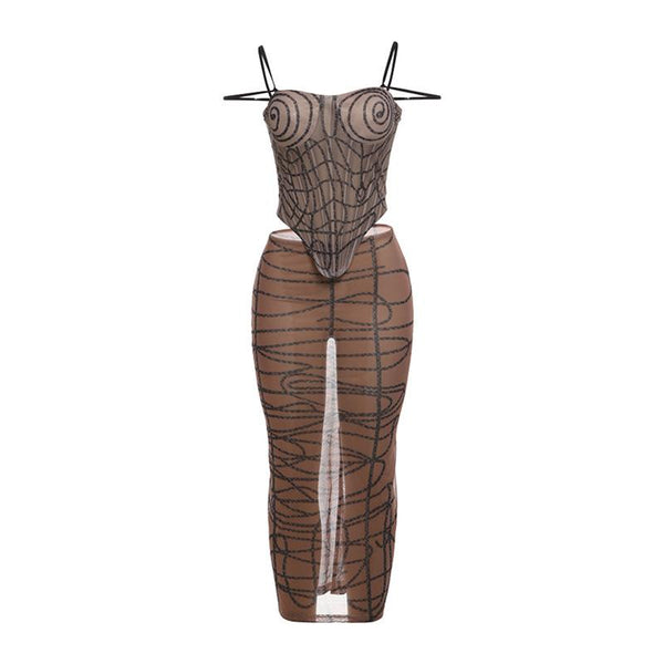 Ensemble mini-jupe caraco à nouer en maille transparente à imprimé rayé 