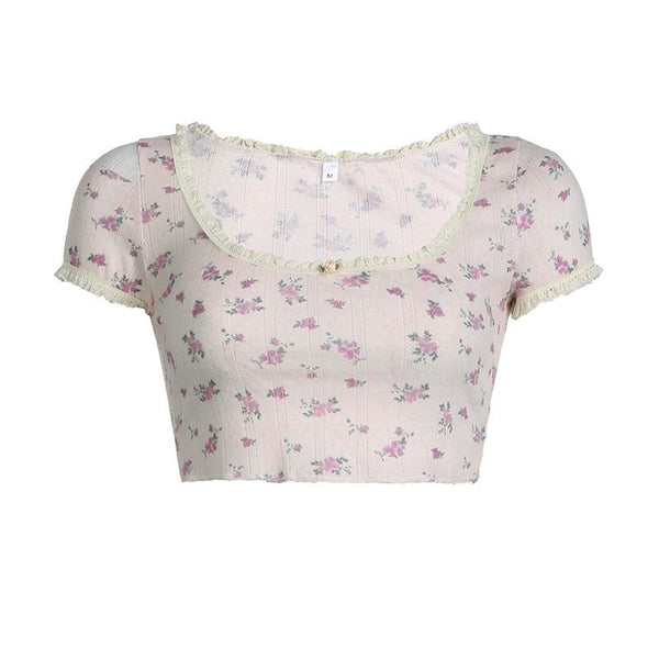 Haut court texturé à manches courtes avec ourlet en dentelle et imprimé floral appliqué 