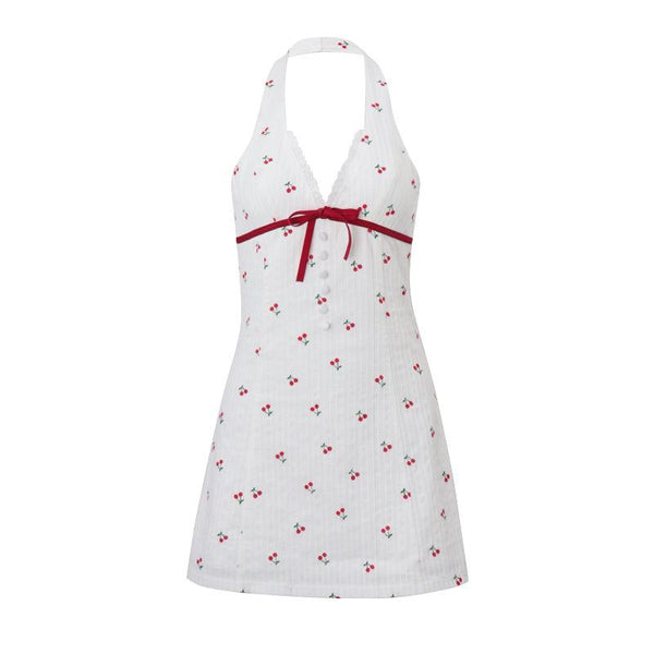 Mini-robe à col en V et nœud papillon imprimé cerises 