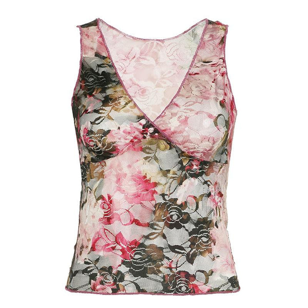 Débardeur en dentelle à col en V et motif floral 