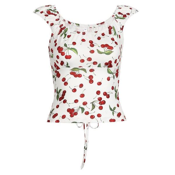 Haut à lacets et manches courtes à col en U avec imprimé cerises 